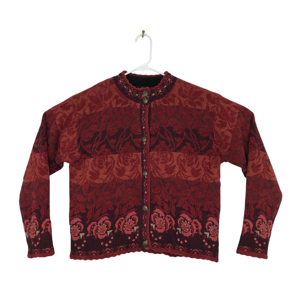Icelandic Women's Medium Knit Jacket Button Up Wool Blend Scallop Hem Floral Red